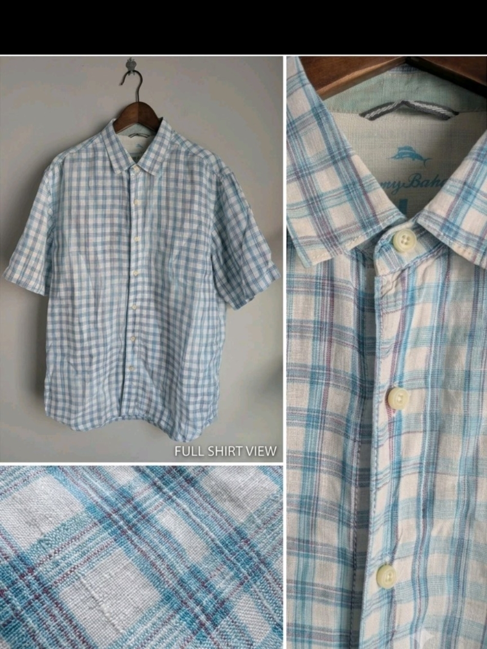 Tommy Bahama Relax Mens 100% Linen Short Sleeve Shirt Large Blue Textured Roomy